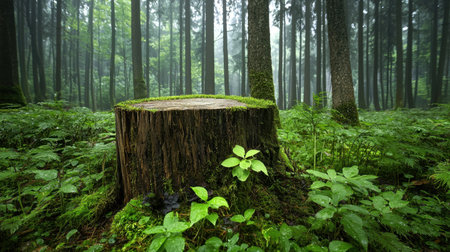 A tranquil forest scene featuring a moss-covered tree stump surrounded by lush greenery. The misty atmosphere enhances the serene environment, perfect for nature enthusiasts.の素材