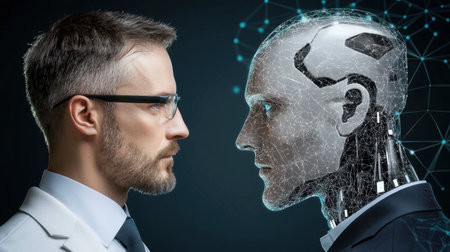 A captivating representation of a human and a robot face-off, exploring the intersection of technology and humanity. The artwork evokes themes of innovation, evolution, and ethical discussions.の素材