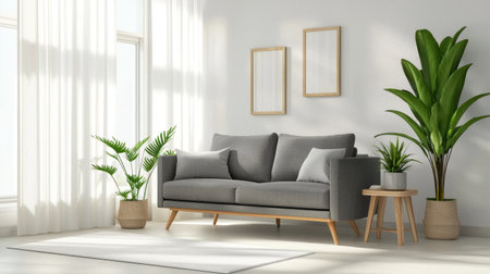 A stylish minimalist living room featuring a gray sofa, potted plants, and soft sunlight streaming through large windows, creating a serene and inviting atmosphere.の素材
