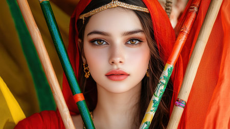 A beautiful young woman in vibrant red attire, adorned with colorful sticks, radiates confidence and culture. Perfect for themes of tradition and beauty.の素材