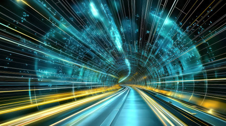 Explore a vibrant digital tunnel filled with luminous light trails and global elements. This abstract representation captures speed and futuristic design, ideal for tech themes.の素材