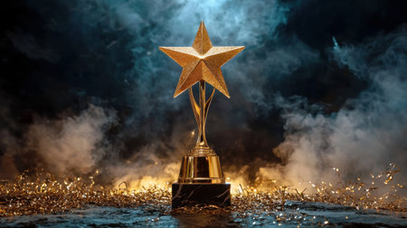 Stunning golden star trophy stands out against a dark, smoky background. This image captures the essence of achievement, recognition, and celebration in an inspiring way.の素材