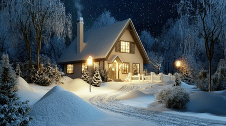 A serene winter scene featuring a cozy cottage blanketed in snow, warmly lit against a frosty backdrop, creating a magical nighttime atmosphere.の素材