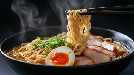 A steaming bowl of ramen featuring flavorful noodles, a soft egg, and charsiu pork, showcasing a rich broth. Perfect for food lovers and culinary enthusiasts.の素材