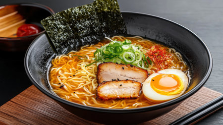 A visually appealing bowl of ramen featuring tender pork slices, a soft-boiled egg, and fresh green onions atop a flavorful broth, perfect for any meal.の素材