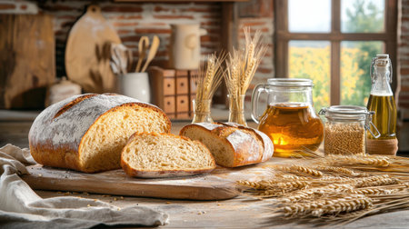 A captivating still life featuring freshly baked bread, golden wheat, and olive oil, set in a rustic kitchen, showcasing the warmth of homemade ingredients.の素材