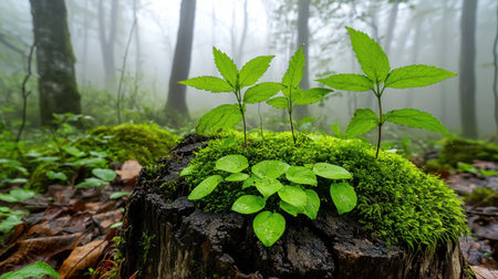A captivating scene of fresh green plants thriving on a mossy stump amidst a foggy forest. This picturesque setting embodies tranquility and renewal in nature.の素材