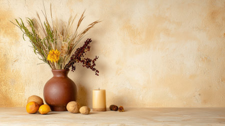 A beautiful rustic arrangement featuring a vase filled with dried flowers alongside natural elements, creating a warm and cozy atmosphere for home decor.の素材