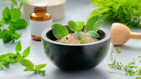 Close-up of fresh herbs and powdered ingredients in a dark bowl. Essential oil bottle nearby highlights the natural beauty of herbal remedies for wellness and relaxation.の素材