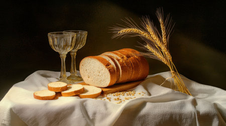 A beautifully arranged scene featuring freshly baked bread slices, elegant glasses, and wheat, creating a warm and inviting atmosphere perfect for food photography.の素材