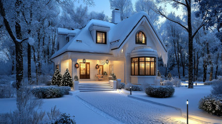 A charming snowy house nestled in a tranquil winter landscape, adorned with holiday decorations. The soft glow from windows evokes a warm, inviting atmosphere.の素材