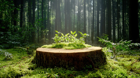 A serene forest scene featuring vibrant green plants emerging from a tree stump, with soft sunlight filtering through the trees, highlighting nature's resilience and beauty.の素材
