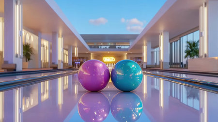 Two vibrant bowling balls in purple and blue rest on polished lanes in a sleek, modern bowling alley. The inviting atmosphere enhances social interaction and fun.の素材