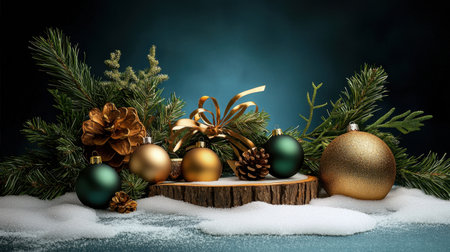A beautifully arranged display of Christmas ornaments and pine branches on a snowy surface, creating a warm and festive atmosphere perfect for holiday celebrations.の素材
