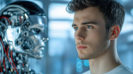 A young man stands next to a robot, showcasing a moment of contemplation in a futuristic setting. This image highlights the intricate relationship between human and machine.の素材