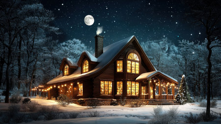 A charming winter cabin surrounded by snow-covered trees under a bright moon. The warm lights glow invitingly, creating a magical evening atmosphere.の素材