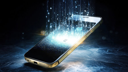 A visually stunning smartphone emerges from a dark background with abstract floating data. This digital transformation image symbolizes connectivity and innovation in modern technology.の素材