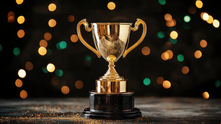 A stunning golden trophy stands prominently against a blurred, sparkling background. Ideal for themes of victory, achievement, and celebration.の素材
