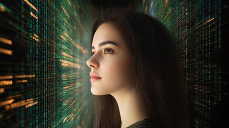 A close-up profile of a young woman set against a dynamic digital data stream. The glowing lines create an atmosphere of innovation and connection, emphasizing technology's impact on modern life.の素材
