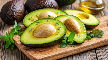 Enjoy the vibrant freshness of sliced avocado drizzled with olive oil and sprinkled with herbs, perfect for healthy cooking and gourmet meals.の素材