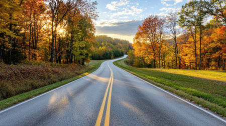 A picturesque highway meanders through vibrant autumn trees under a blue sky. Sunlight casts a warm glow on the asphalt, inviting exploration.の素材