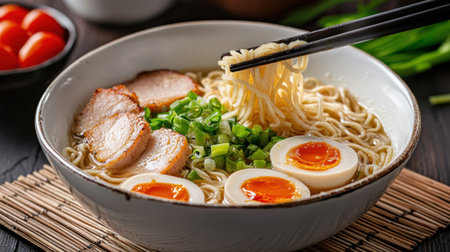 A stunning ramen bowl featuring tender noodles, rich broth, soft boiled eggs, and chashu pork, perfect for a comforting meal filled with flavor.の素材