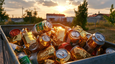 A vibrant sunset illuminates a trash bin filled with aluminum cans, showcasing reflections of gold light. This image captures the intersection of nature and urban waste.の素材