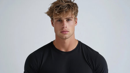 A young male model with a relaxed hairstyle poses in a black t-shirt against a neutral background, showcasing confidence and modern style. Perfect for lifestyle imagery.の素材