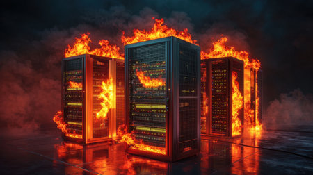 Dramatic image depicting flaming data center servers, showcasing a chaotic and dangerous scene of fire, smoke, and advanced technology infrastructure.の素材