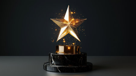 A stunning golden star trophy beautifully displayed on a black background. The sparkling effects emphasize achievement and celebration, perfect for award-related themes.の素材
