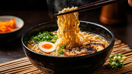 A steaming bowl of ramen topped with tender pork, egg, and fresh vegetables, served with chopsticks. Perfect for food lovers and culinary enthusiasts.の素材