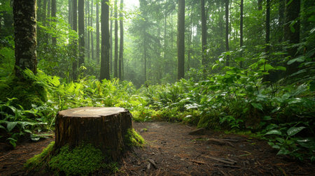A serene forest scene featuring a tree stump surrounded by lush greenery, perfect for nature lovers and outdoor enthusiasts seeking tranquility and beauty.の素材