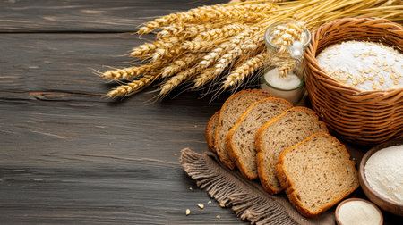 A rustic display of sliced bread alongside wheat and oats on a wooden table. This composition highlights the beauty of natural baking ingredients, perfect for culinary designs.の素材