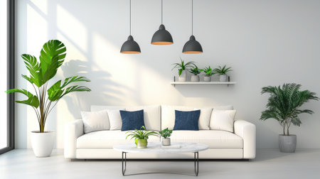 Bright and inviting modern living room featuring a white couch, stylish pendant lights, and lush indoor plants. Perfect for home decor inspiration.の素材