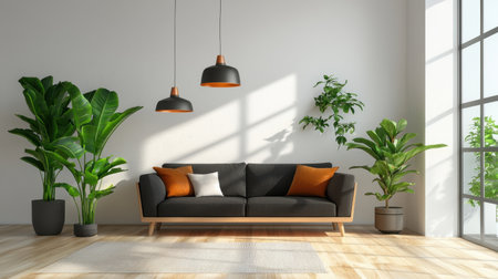 Bright and modern living room featuring a cozy sofa and stylish indoor plants. The warm light creates a tranquil atmosphere, perfect for relaxation and enjoyment.の素材