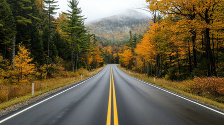A tranquil road winds through a scenic landscape, showcasing vibrant autumn foliage. The wet pavement reflects the colorful leaves, creating a serene atmosphere.の素材