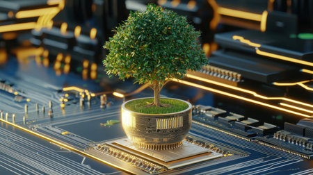 A stunning depiction of a tree thriving on a circuit board, symbolizing the fusion of nature and technology, embodying growth and sustainability in a digital age.の素材