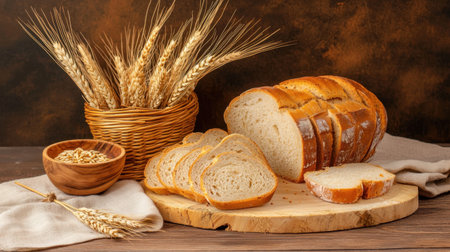 A rustic scene featuring freshly sliced bread with golden crust, accompanied by beautiful wheat stalks. Perfect for showcasing natural ingredients and wholesome meals.の素材