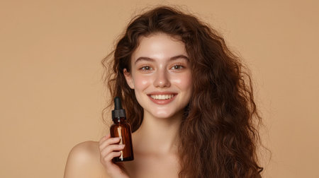 A young woman with beautiful curly hair smiles while holding a serum bottle. Ideal for beauty, skincare, and wellness themes, showcasing a natural and radiant look.の素材