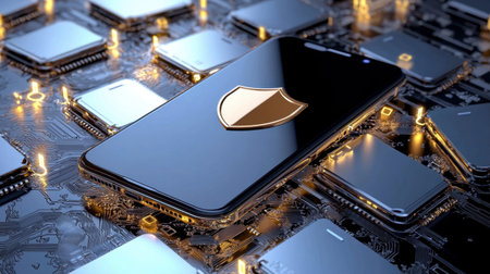 A smartphone featuring a shield symbol rests on a shimmering circuit board, representing digital security and technological innovation in a modern setting.の素材