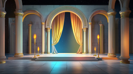 Stunning stage design featuring golden curtains and classical architecture. The illuminated space evokes ambiance, perfect for performances or presentations.の素材