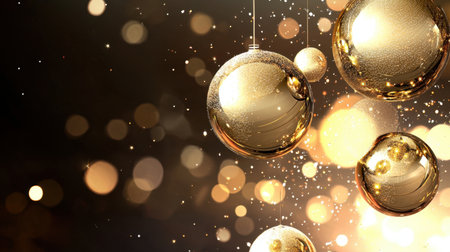 A stunning display of golden Christmas ornaments hanging against a sparkling backdrop. This image captures the essence of luxury and festive joy, perfect for holiday themes.の素材