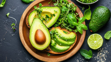A vibrant arrangement of fresh avocado slices on toasted bread, accompanied by greens, lime, and sesame seeds, showcasing healthy, delicious cuisine perfect for any meal.の素材