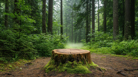 A peaceful forest landscape showcasing a tree stump covered in moss, surrounded by lush greenery and gentle fog, inviting moments of reflection and tranquility.の素材