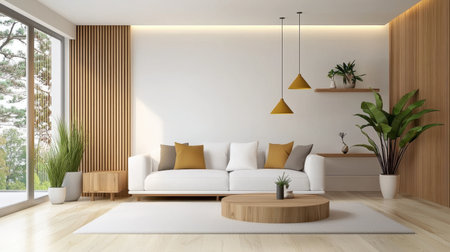 A serene modern living room featuring a white couch, warm accents, and abundant natural light, perfect for relaxation and contemporary living.の素材