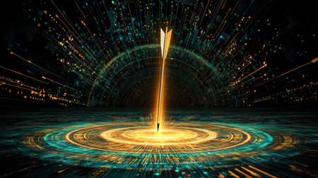 This captivating abstract design features a striking arrow emerging from a vibrant light burst, creating an energetic and luminous scene perfect for digital art projects.の素材