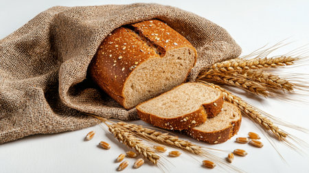 A rustic setting featuring freshly baked whole grain bread, sliced and placed on a cloth with wheat stalks. Perfect for showcasing natural ingredients and healthy foods.の素材