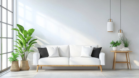 A bright and inviting living room featuring a modern white sofa, decorative cushions, and lush indoor plants. The minimalist design creates a tranquil atmosphere.の素材