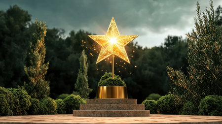 A stunning golden star radiates light atop lush greenery, creating a magical atmosphere. This artistic scene captures a moment of beauty and inspiration amid nature.の素材