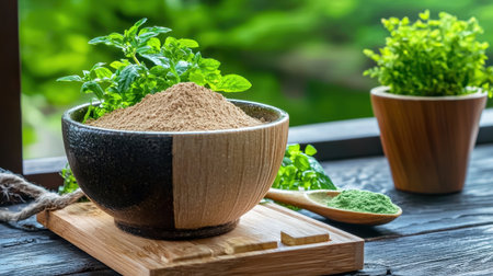 Fresh herbs and natural powders displayed in a rustic setting, evoking a sense of health and wellness. Perfect for culinary and dietary inspirations.の素材